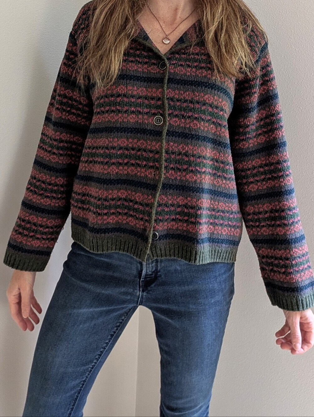 Vintage Striped Fair Isle Button-Front Sweater Cardigan In Olive Green/Rose